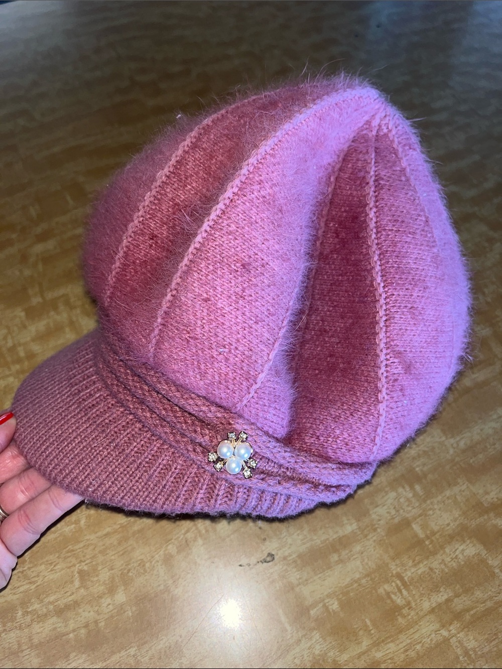 Source Unknown Pink Angora Newsboy Cap with Pearl Embellishment